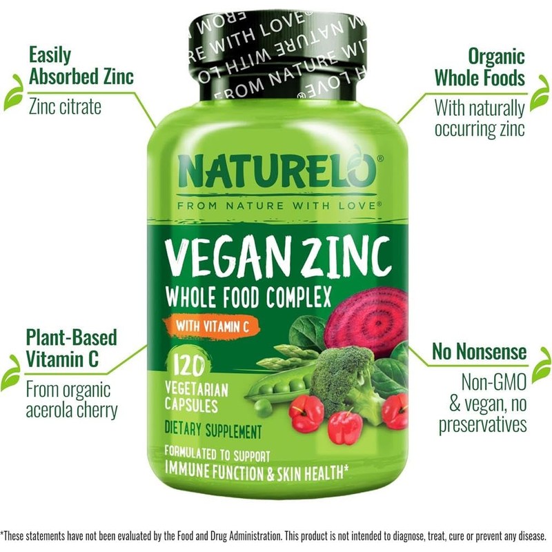 NATURELO Vegan Zinc Immune Support Capsules - Whole Food Complex