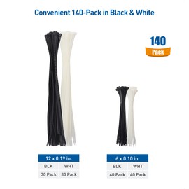 Cable Matters 140-Pack Cable Ties for Indoor and Outdoor, 6, 12-Inch Self-Locking Nylon Zip Ties Assorted Sizes, Wire Ties, Tie Wraps for Multiple Use, Self Locking Zipties in Black and White