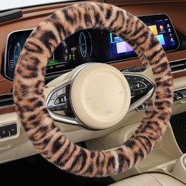 Forala Fluffy Cheetah Car Steering Wheel Cover Luxurious Faux Fur Leopard Print Cute Wheel Protector Universal 15 Inch Fit for Vehicle, Car, Auto, SUV Winter Warm (Ginger)