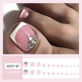 French Tip Toe Press on Nails Rhinestone Press on Toenails for Women Short Square Toe Nail Press ons with Designs Pink Fake Toe Nails Reusable Acrylic Toenails for Pedicure Decorations 24Pcs