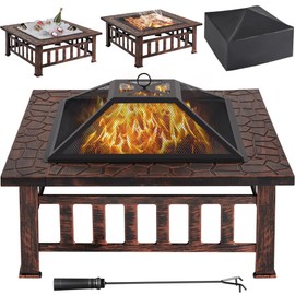 Yaheetech Fire Pit 34in Outdoor Fire Pits Fireplace Heater Stove with Screen, Waterproof Cover & Poker for BBQ Patio Bonfire