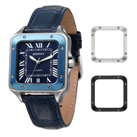 BERNY Automatic Watch for Men Square Watches Sapphire Lens AR Coating Mechanical Watches 10ATM Waterproof Men's Analogue Watch Vintage Men's Watch with 2 Interchangeable Bezel, blue, Strap.