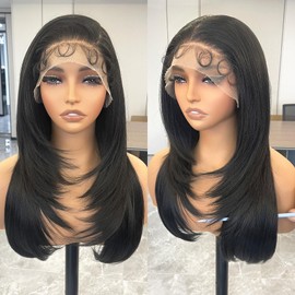 Synthetic Lace Front Wig 13x6 HD Glueless Lace Frontal Wig Pre Plucked Hairline with Baby Hair Long Yaki Straight Layered Lace Wigs for Black Women Daily Use Natural
