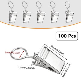 Pack of 100 Curtain Clips with Hooks, Stainless Steel Small Curtain Clips, 18 x 9 mm Curtain Clips Metal, Curtain Clips, Curtain Clips for Curtains, Photos and Light, Shower Curtain, Silver
