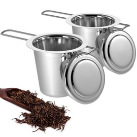 Yoassi Tea Infuser, 304 Stainless Steel Tea Filter Strainer with Foldable Handle and Lid, Perfect for Hanging on Teapots, Mugs, Cups to steep Loose Leaf Tea and Coffee, 2 Pack
