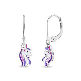 925 Sterling Silver Purple Unicorn Dangle Lever Back Earrings For Girls - Secure and Comfortable Lever Backs - Animal Lover Earrings Best For Little Girls and Pre teens