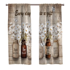 Farmhouse Kitchen Window Curtains Rod Pocket Retro Vintage Small Short Cafe Floral Botanical Inspirational Daisy Drapes 2 Pannels for Living Bedroom Decoration Thermal Insulated Decor 27.5X 45 inch