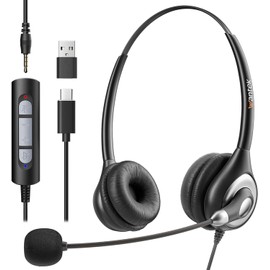 Wantek USB Headset with Microphone for PC Wired Headphones - USB C 3.5mm Headsets with Noise Cancelling Microphone for Laptop - Type-C Computer Headphones with Inline Volume Control & Mute