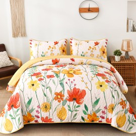 Anibedding Quilt Set Full Size, Yellow Floral Reversible Bedspread Soft Microfiber Lightweight Full Quilt Bedding Sets Reversible Coverlet for All Season(78"x90")
