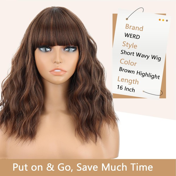 WERD Short Brown Wig with Bangs Brown Highlight Bob Wavy