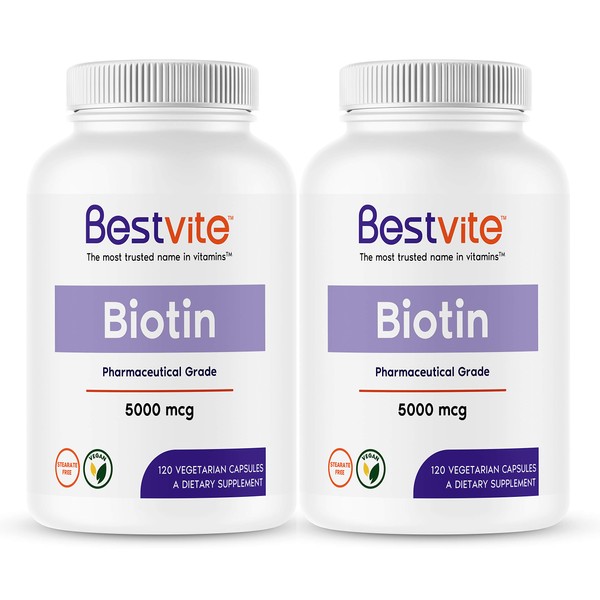 BESTVITE Biotin 5000mcg (240 Vegetarian Capsules) (120 x 2) - No Stearates - No Flow Agents - Vegan - Non GMO - Gluten Free - Hair, Skin, Nails