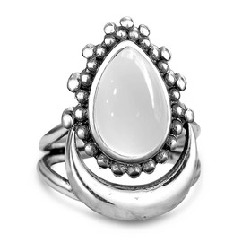 DALEGEM Natural Agate Stone Crescent Moon Ring for Women,S925 Sterling Silver Waterdrop Shaped Gemstone Boho Ring Jewelry (Ring_White, 10)