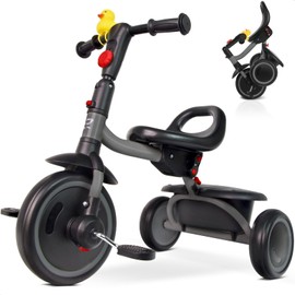 RIDYEE Toddler Tricycle for 18 Months to 5 Years, Foldable Tricycles for 3-5 Year Olds, Kids Tricycle with Adjustable Carry-Friendly Ergonomic Seat and Covered Large Basket, Grey