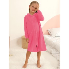 Veseacky Girls' Cozy Cotton-Poly Blend Purple Robes Full Length Zipper Closure Housecoat Sleepwear Rose Red Size 10-11