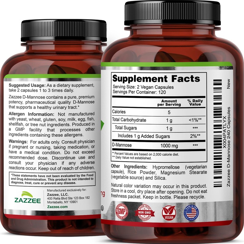 Zazzee D-Mannose, 1000 mg per Serving, 240 Vegan Capsules, 4