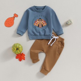 Amnnchya Toddler Baby Boy Thanksgiving Outfit Turkey Long Sleeve Sweatshirt Pants My First Thanksgiving Baby Boy Outfit (Blue, 3-6 Months)