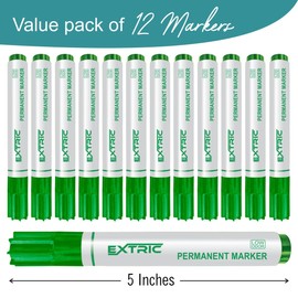 EXTRIC Permanent Markers, Chisel Tip, Green, Quick Drying Ink, Works on Paper, wood, Plastic, metal and Glass, Great for Home, Office and School use