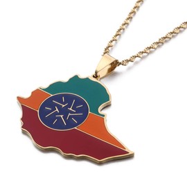 Ethiopian Flag Lion Map Pendant Necklace for Women Men Jewelry Map Chain (Gold Color 2)