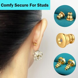 Catinee Earring Backs, Hypoallergenic 14k Gold Bullet Earring Backs Replacements for Studs/Droopy Ears, Secure Locking Backing for Sensitive Ears (Gold 3pairs)