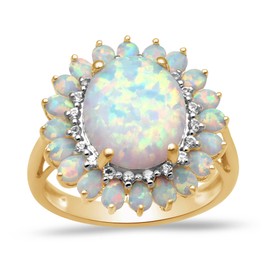 Jewelili 18K Yellow Gold Plated Over Sterling Silver with center 12 X 10 mm Oval Created Opal and Created White Sapphire Blooming Ring, Metal, created-opal