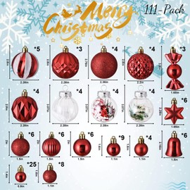 ILLUMINEW 111-Pack Christmas Balls Ornaments,Assorted Shatterproof Christmas Ornaments Set, Xmas Seasonal Luxurious Hanging Pendants Gift Package for Christmas Tree Party Holiday Indoor Decor(Red)