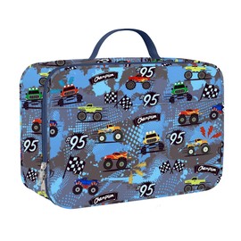 Clastyle Blue Race Car Insulated Lunch Bag for Kids Boy, Truck Flags Portable Large Thermal Cooler Lunch Box Bag for School