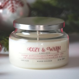 Christmas Candle Cozy & Warm | Strong Scented Holiday Soy Candle Red Wine + Apple Cider + Red Currant + Cranberry + Orange Peel + Cinnamon + Lemon + Wood - 10 oz