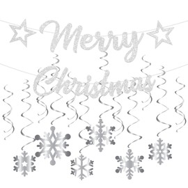 Merry Christmas Bunting Banner Silver with Christmas Snowflake Hanging Swirls Decoration, 12pcs Glittery Silver Ceiling Swirls Dangling Decor for Christmas Xmas Winter Themed Party
