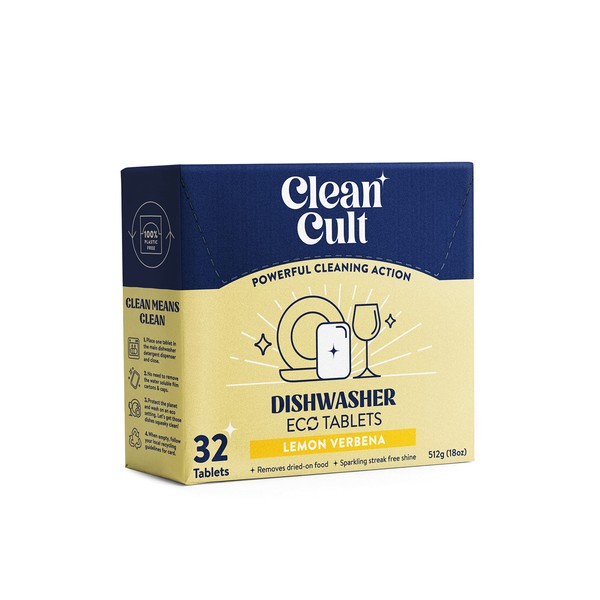 Cleancult Dishwasher Pods, Lemon Verbena, 32 Pods - 100% Dissolvable Dishwashing Tablets - Made From Coconut Surfactants - Wrapped in Dissolvable Film - Leaves Dishes Clean & Spotless