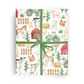 REVEL & Co Baby Farm Animals Folded Wrapping Paper with Cow, Horse, Sheep, Goat, Pig, Duck, Chicken, Tractor, and Barn, 2 Feet x 10 Feet Easy to Store Folded Wrapping Paper