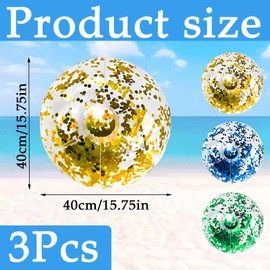 YEWCEP Set of 3 Inflatable Beach Glitter Balls 40 cm Colourful Water Balls for Children PVC Water Ball Small Play Ball for Baby Blue Gold Green Ideal for Swimming Pool Beach Toy