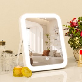 Betyked Espejo luz led Maquillaje, 20CM Espejo de Maquillaje Portátil con iluminación LED Regulable en 3 Colores y Control Táctil, con Soporte en U para Viajes y vestuarios (Blanco)