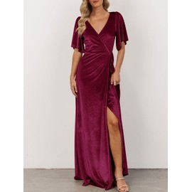 MEROKEETY Women's V Neck Wrap Velvet Maxi Dress Bell Sleeve Split Bridesmaid Cocktail Party Dresses, Burgundy, X-Large