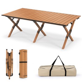 Giantex Folding Camping Table, Roll-Up Folding Table w/Carry Bag, Portable Aluminum Picnic Table, Low Height Beach Table for Outdoor Use, Travel, BBQ & Hiking, Easy Assembly, Natural (Large)
