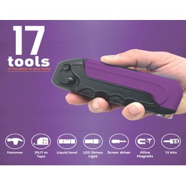 Kelvin Tools Kelvin 17 | The Palm-Sized Everyday Multi-Tool Set | 17 Integrated Tools: 13 Bit Screwdriver Set, Tape Measure, Liquid Level, Hammer, and Flashlight (Black/Purple)