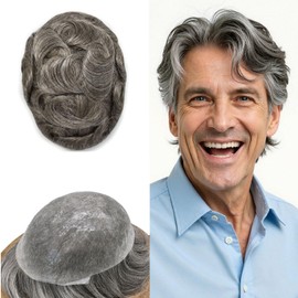 Hair Wonders Toupee for Men Real Human Hair 0.06mm Thin Skin Hairpiece All V-loop Invisible Hair System Replacement Protesis Capilar #360#3 Dark Brown+60% Grey 8X10-90% Light Density