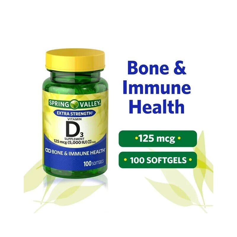 Spring Valley Vitamin D3 Softgels, 5000 IU, 100 Count