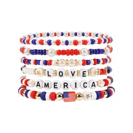 Briutn America Stackable Bracelet Set Red White and Blue Beads with Pearls Independence Day 4th of July Accessories