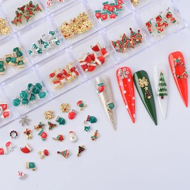 Nail Art Decoration Kit, 240Pcs Christmas Nail Charms Rhinestones Box Mixed Snowflake Reindeer Socks Bell Candy Cane Christmas Tree Glitter Design for Nails Crafts Accessories(24 Styles,Mixed Colors)