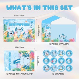 WADACIPPSELLER 12Pcs Blue Axolotl Birthday Party Supplies Invitation Cards with Envelopes and Stickers for Blue Axolotl Birthday Party Decorations