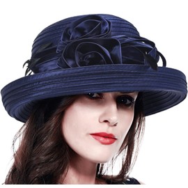 Women Church Kentucky Derby Hat Wedding Tea Party Cocktail Dress Hats with Feather(Navy)