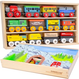 Wooden Train Set 12 PCS Magnetic Toy Train Cars with Storage Box Cover Tunnel Compatible with Thomas Brio Melissa and Doug Wooden Railway Toys for Grandkids Kids Toddlers Boys Girls