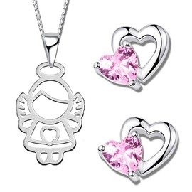 Children's Girls' Jewellery Set 925 Sterling Silver with Zirconia Protective Angel Heart Necklace Earrings, Sterling Silver Silver Genuine 925 sterling silver and zirconia Sterling Silver Silver,