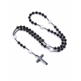 Jovivi Black Obsidian White Turquoise Rosary Beads Necklace Hematite Cross Prayer Pendant Beaded Necklace for Men Women Religious Jewelry Catholic Gifts
