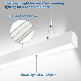 DAKASON 4FT Linkable LED Linear Light, 35W Down and15W Up Light, 3/4/5000K CCT Selectable, Commercial Linear Lighting Fixture for Office, Dimmable Suspended Lighting for School 1Pack White