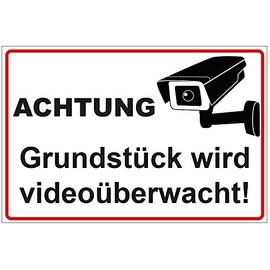 Sign "Achtung - Grundstück wird videoüberwacht" Aluminium / Dibond 200 x 140 mm 3 mm Thick