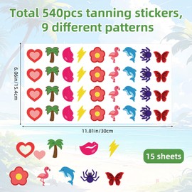 540pcs Tanning Body Stickers, 9 Style Vibrant Color Self-Adhesive Sun Tattoo Body Sunbathing Decals Accessories for Summer Beach Outdoor Indoor Salon Party Supplies