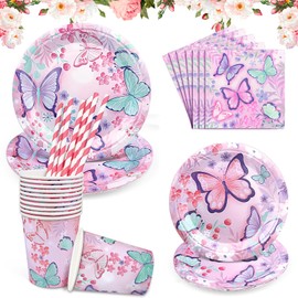 Pack of 60 Butterfly Decoration Birthday Party Tableware, Birthday Party Decoration Children's Birthday, Paper Plates Birthday Set for 10 Guests, for Birthday Party, Shower, Decoration