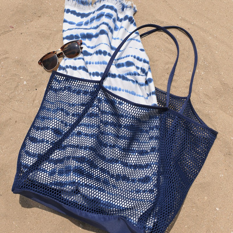 Hoxis Mesh Beach Tote Womens Shoulder Handbag, Dark Blue, L