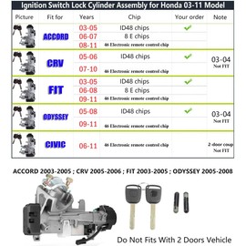 Ignition Switch Lock Cylinder Assembly Compatible with Honda Accord CRV Odyssey FIT 06350-SAA-G30 35100-SDA-A71 CHENHO 2003 2004 2005 2006 2007 2008